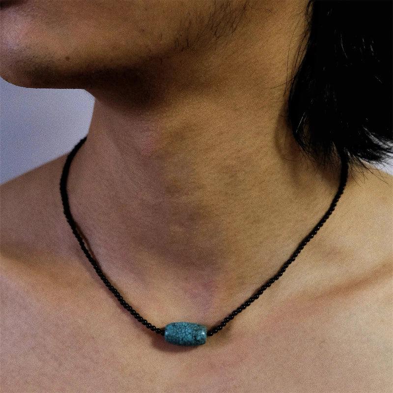 Silver Onyx Beaded Turquoise Pendant Necklace - OOAKB