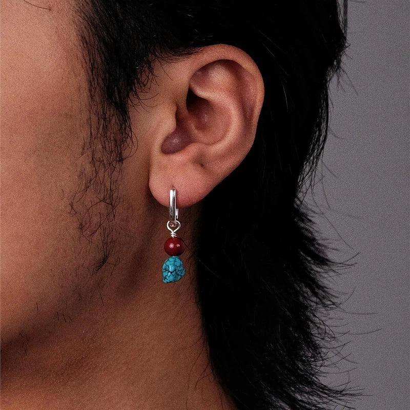 S925 Silver Turquoise & Red Bead Dangle Earrings - OOAKB