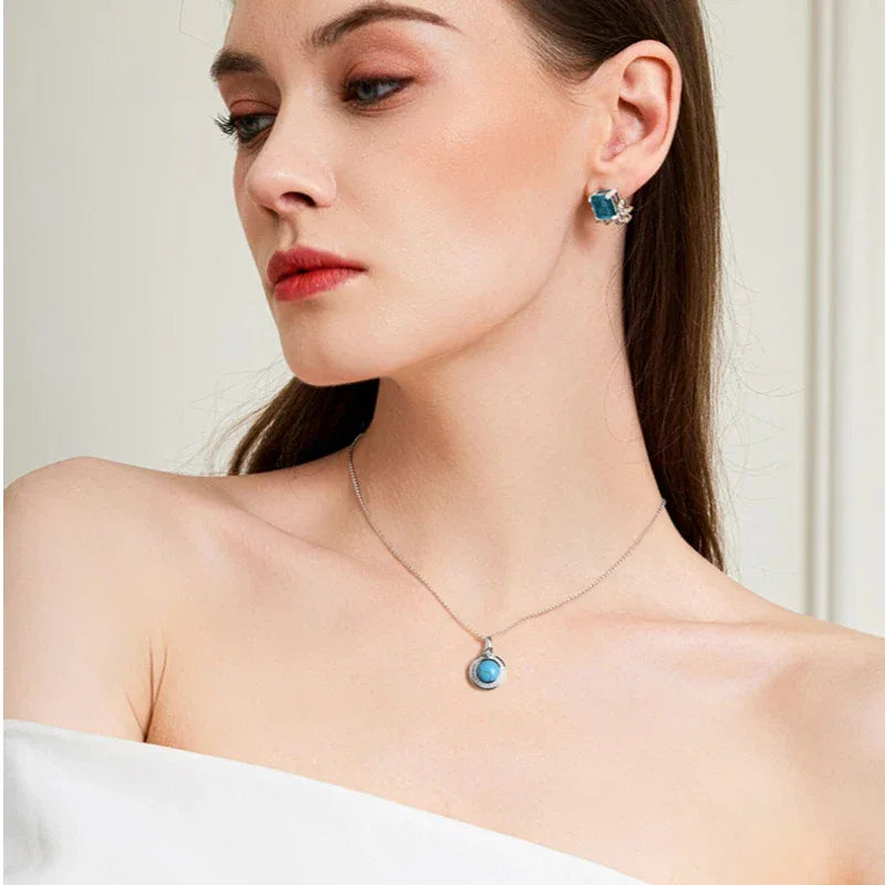 Round Disc Turquoise Necklace S925 Silver Women's Style - OOAKB