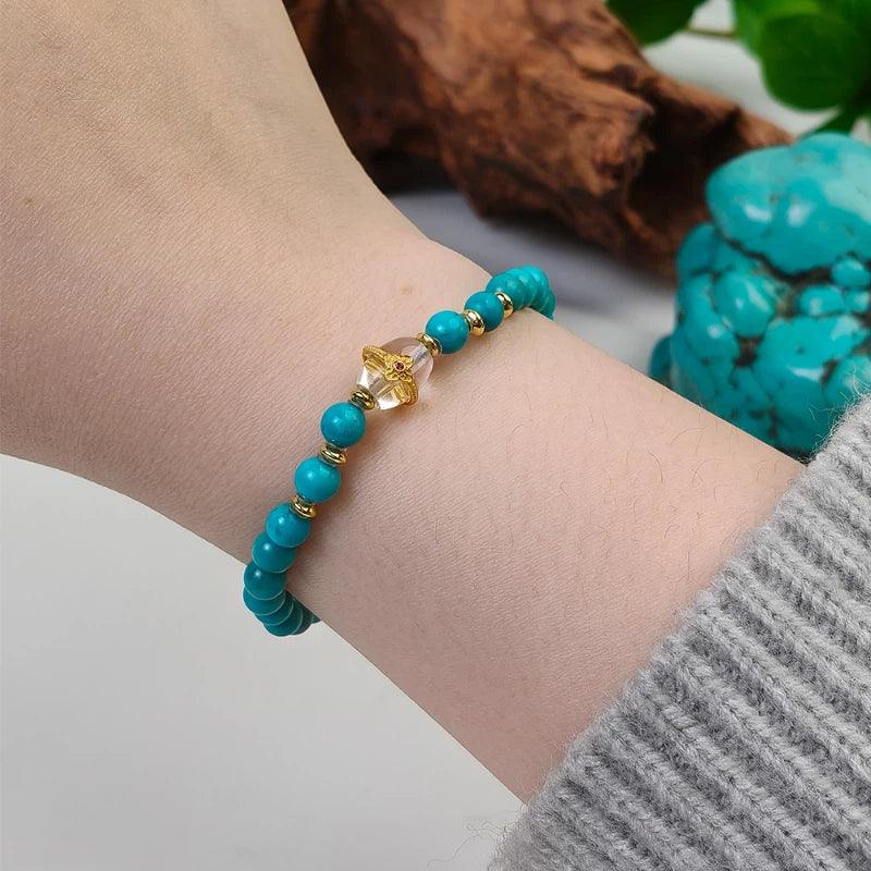 Turquoise Round Bead Crystal S925 Silver Bracelet - OOAKB