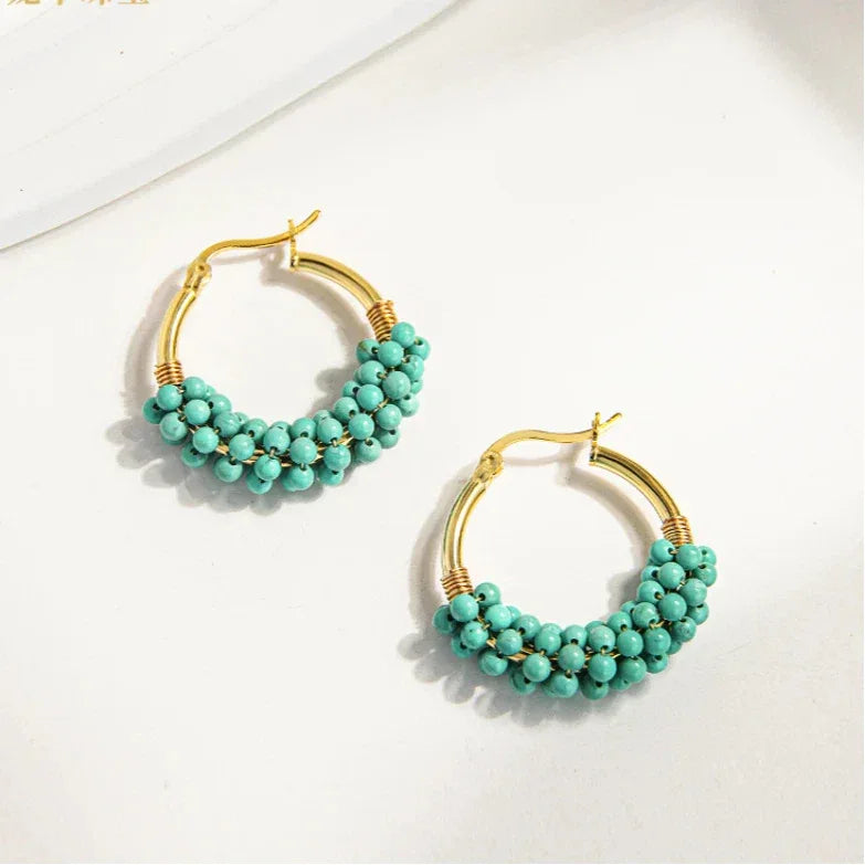 Natural Turquoise Millet Bead Woven Earrings - OOAKB