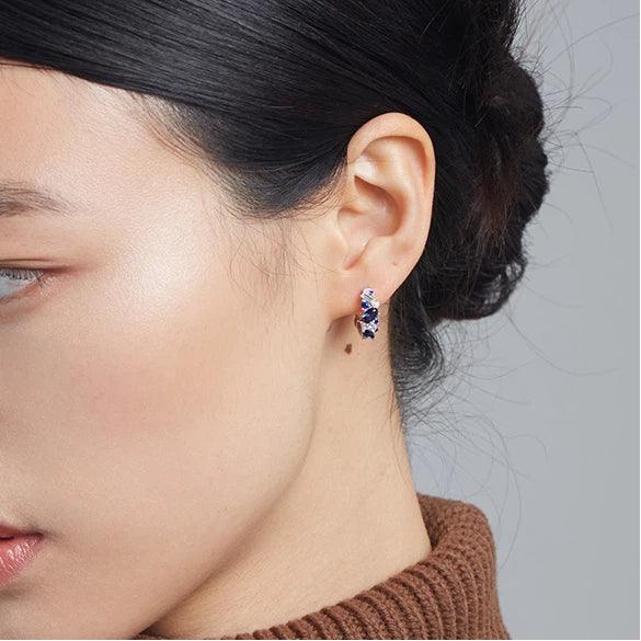 Sapphire S925 Silver Rhodium-Plated Stacked Gem Hoop Earrings - OOAKB