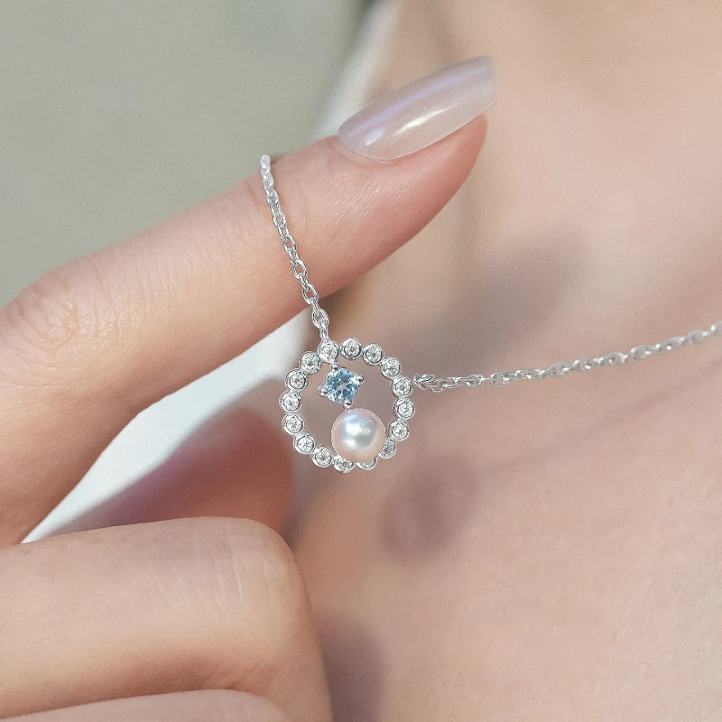 Sea Blue Topaz S925 Silver Saltwater Pearl Necklace