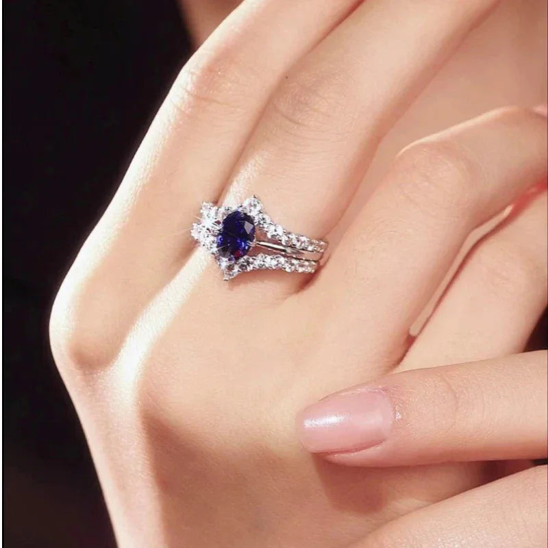 Sapphire S925 Silver Rhodium-Plated Zircon Surround Stackable Ring - OOAKB