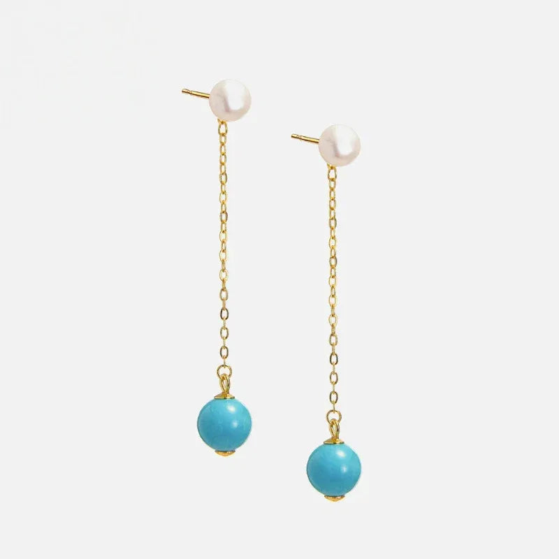 Natural Turquoise Round Bead Pearl Long Luxury Earrings - OOAKB