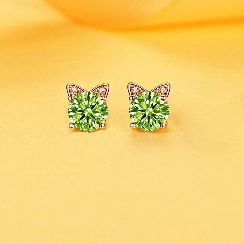 Natural Peridot Cat Luxury Silver Earrings - OOAKB