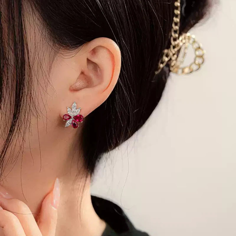 Ruby Flower Earrings S925 Silver Women's Style