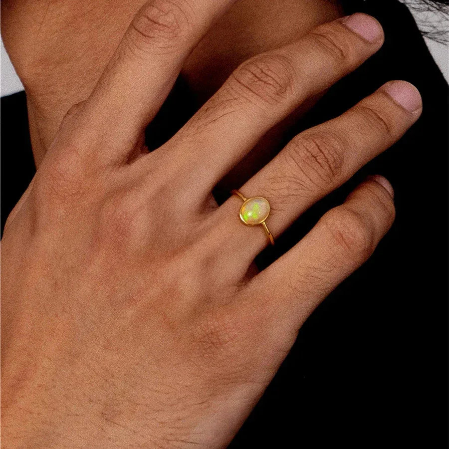 Silver Plated Gold Egg-Shaped Opal Ring - OOAKB