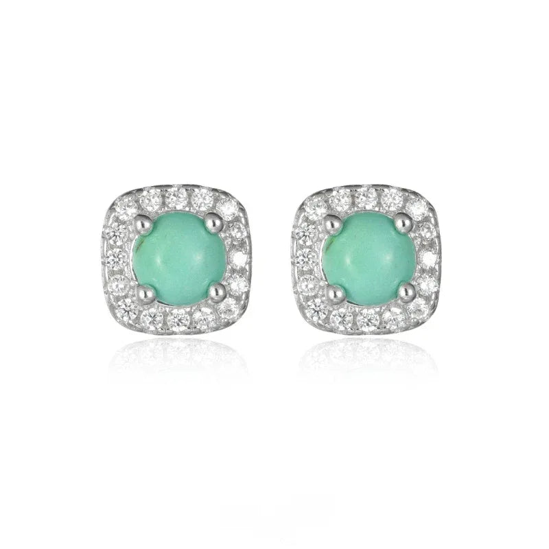 Silver Square Diamond Inlaid Turquoise Earrings - OOAKB