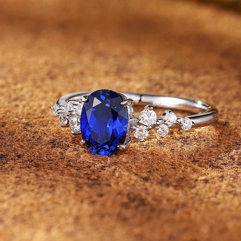 Sapphire S925 Silver Side Diamond-Accented Oval Ring - OOAKB