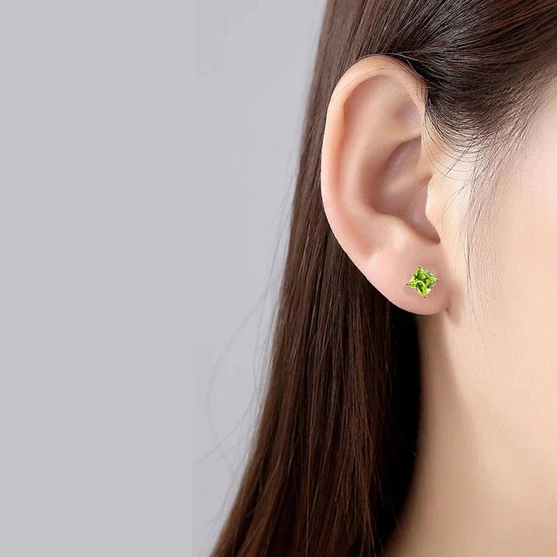 Natural Peridot Geometric Square Luxury Silver Earrings - OOAKB
