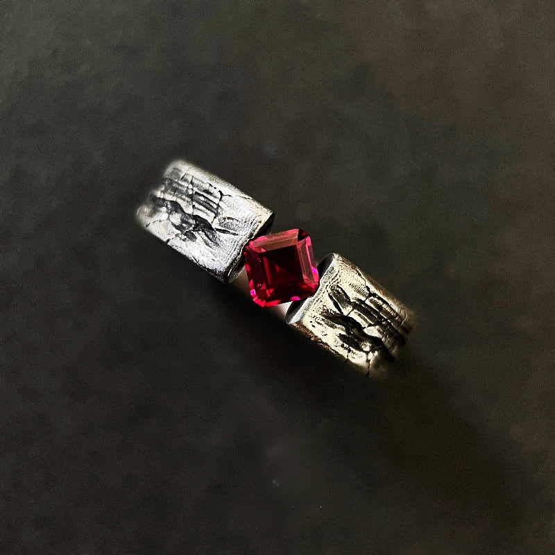 S925 Silver Handmade Hammered Vintage Ruby Ring