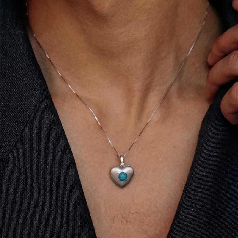 Silver Heart-Inlaid Turquoise Necklace Unisex - OOAKB