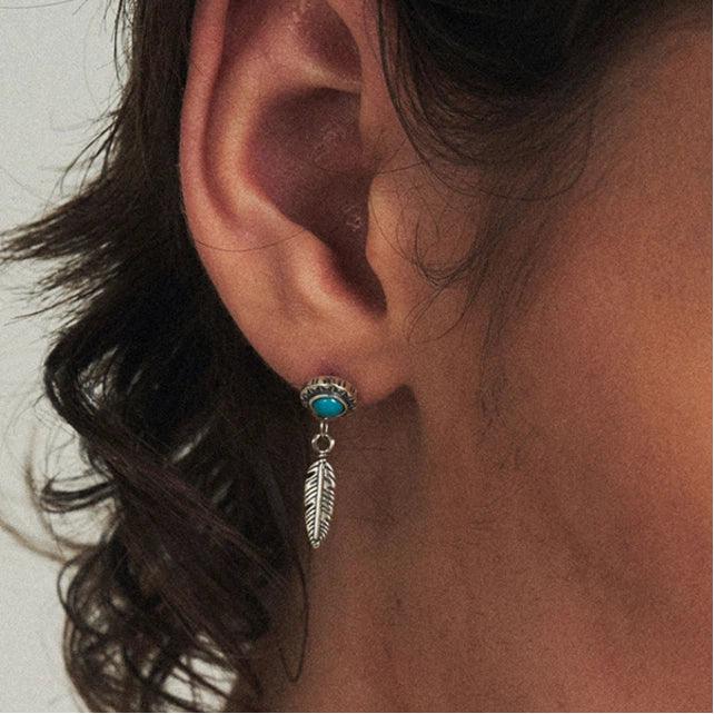 S925 Silver Antiqued Feather Turquoise Earrings - OOAKB