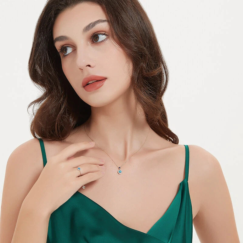 Blue Iridescent Opal S925 Silver Diamond-Inlaid Necklace