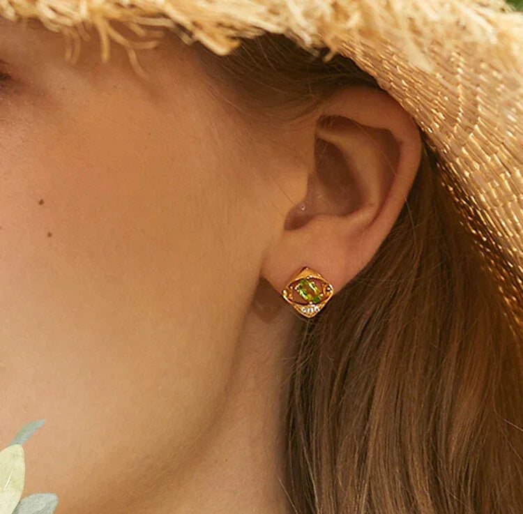 Natural Square Hollowed-Out Peridot Earrings - OOAKB
