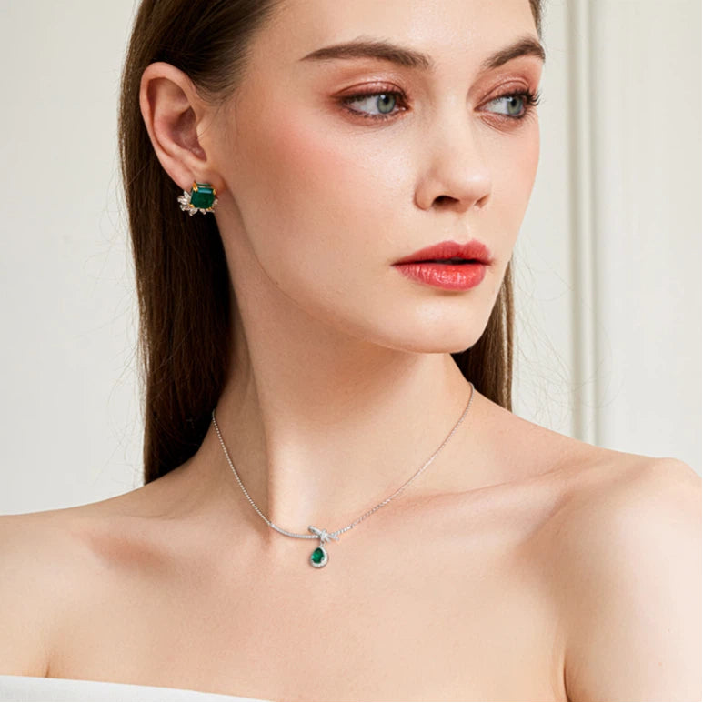 Emerald Bowknot Full-Diamond Collar Necklace S925 Silver Women's Style