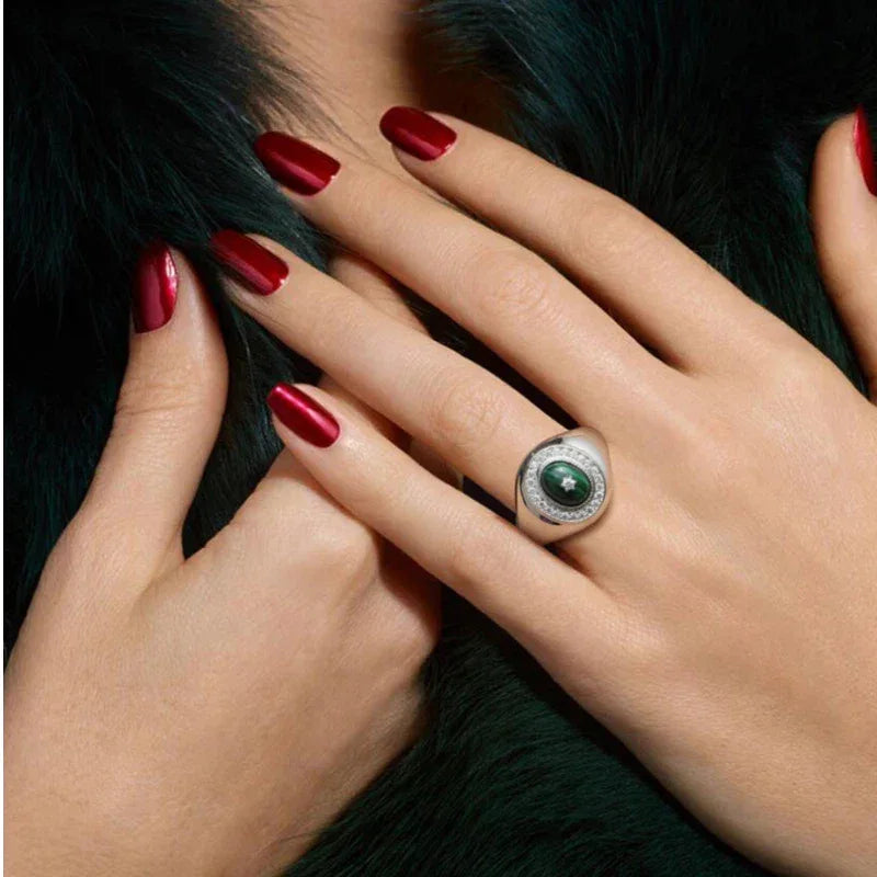 Full Diamond Cabochon Malachite Ring Women's Style - OOAKB