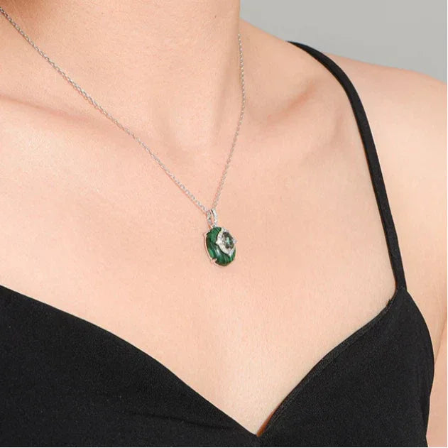 Malachite Cabochon Inlaid Sparkling Diamond Necklace S925 Silver - OOAKB