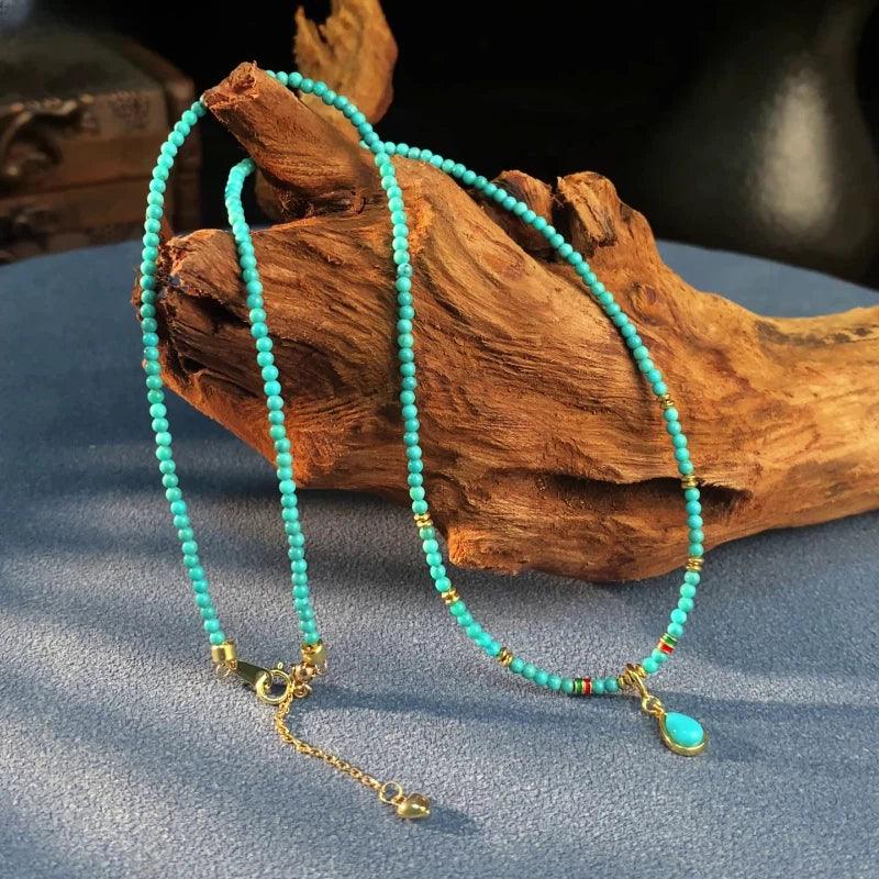 Natural Turquoise Round Bead Teardrop Pendant Luxury Necklace - OOAKB