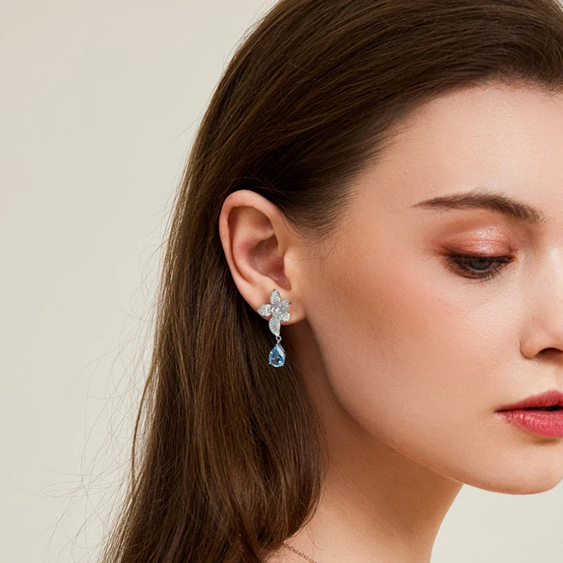 Topaz Blue Star Flower Earrings S925 Silver Women's Style