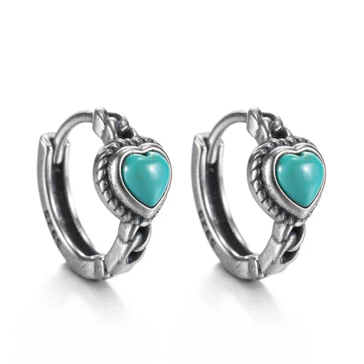 Silver Turquoise Heart Hoop Earrings - OOAKB