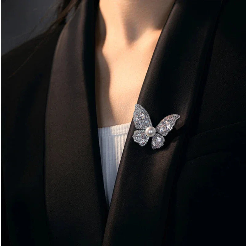 Freshwater Pearl Full-Diamond Butterfly Brooch S925 Silver Women's Style - OOAKB