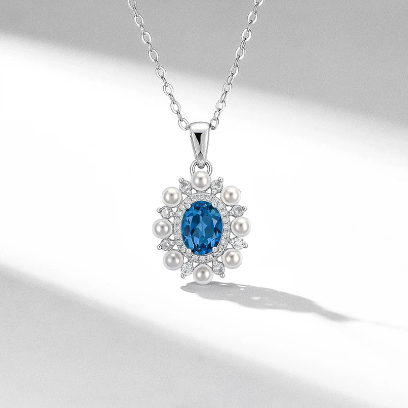 Natural Topaz Blue Gemstone Collar Necklace Women's Style S925 Silver