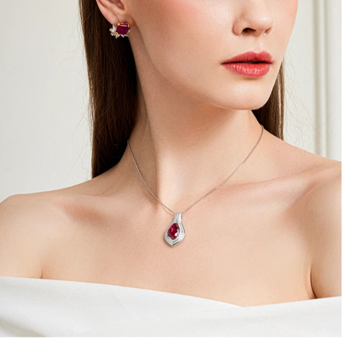 Pigeon Blood Ruby Teardrop Necklace Women's Style S925 Silver