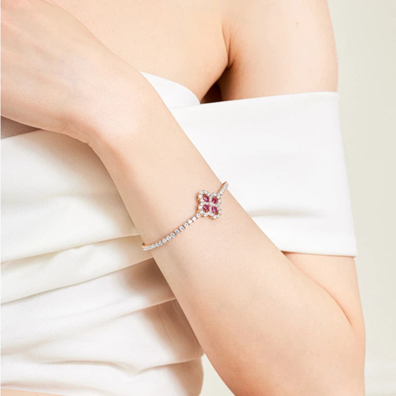Ruby Lucky Clover Bracelet S925 Silver Women's Style
