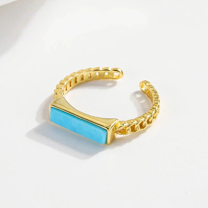 Turquoise Rectangular S925 Silver Open Ring - OOAKB