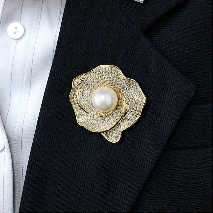 Camellia Shell Pearl Brooch S925 Silver