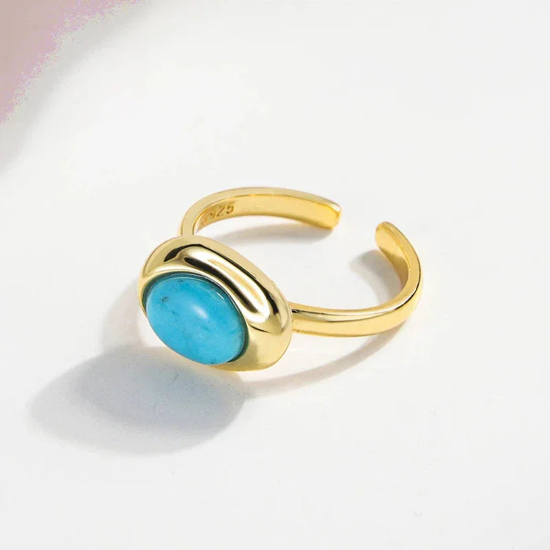 Turquoise Egg-Shaped S925 Silver Open Ring - OOAKB