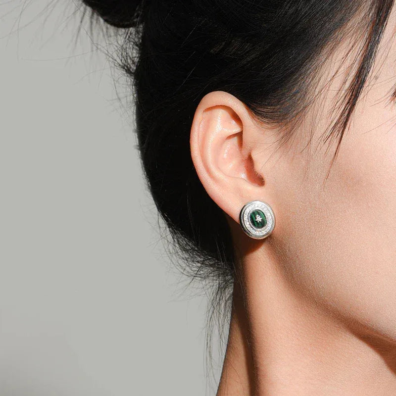Full Diamond Cabochon Malachite Earrings - OOAKB