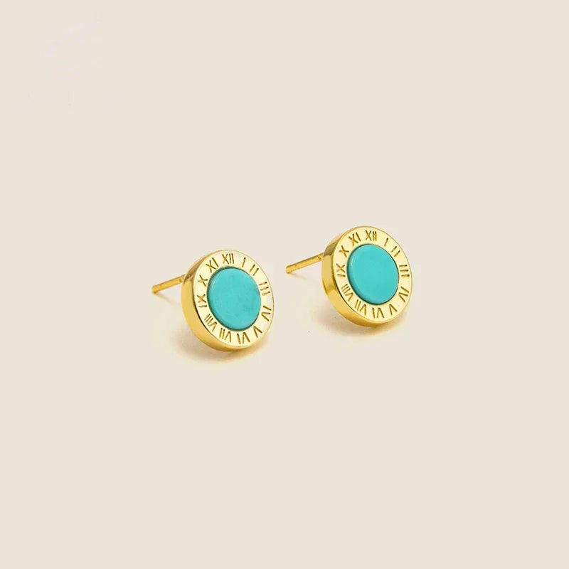 Natural Turquoise Roman Numeral Round Earrings - OOAKB