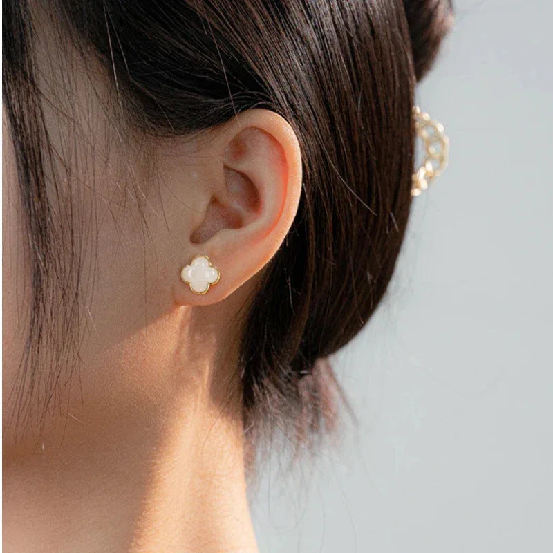 3D Lucky Clover Hetian Jade Stud Earrings S925 Silver Women's Style - OOAKB