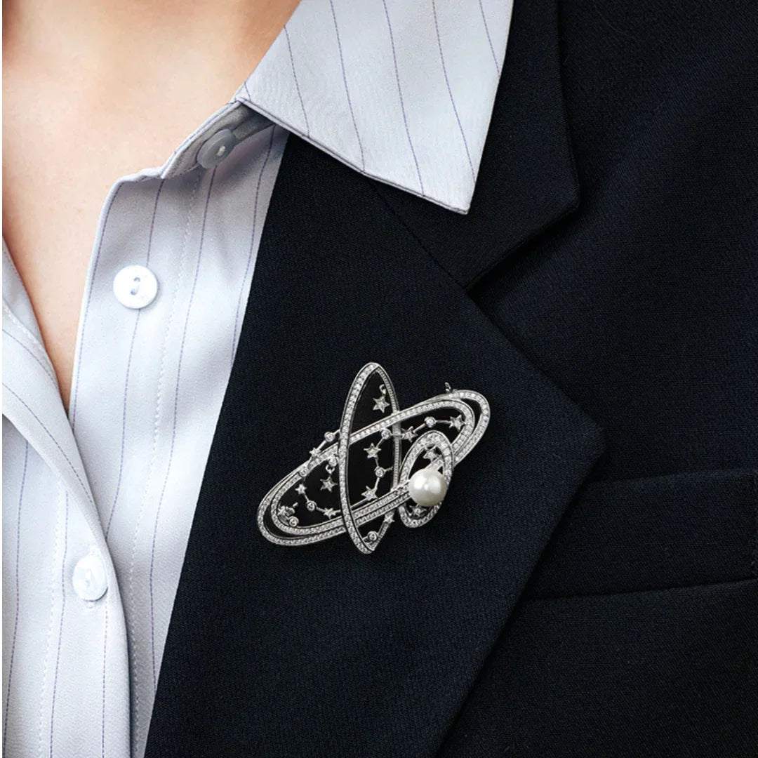 Pearl Brilliant Galaxy Planet Ring Brooch S925 Silver Women's Style - OOAKB