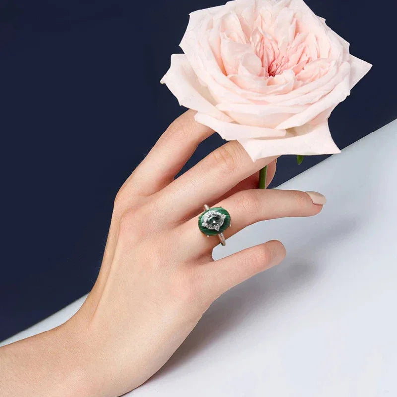 Cabochon Malachite Ring with Sparkling Diamonds Women's Style - OOAKB