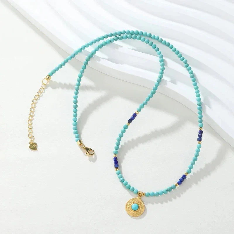 Turquoise Round Bead Disc S925 Silver DIY Necklace - OOAKB