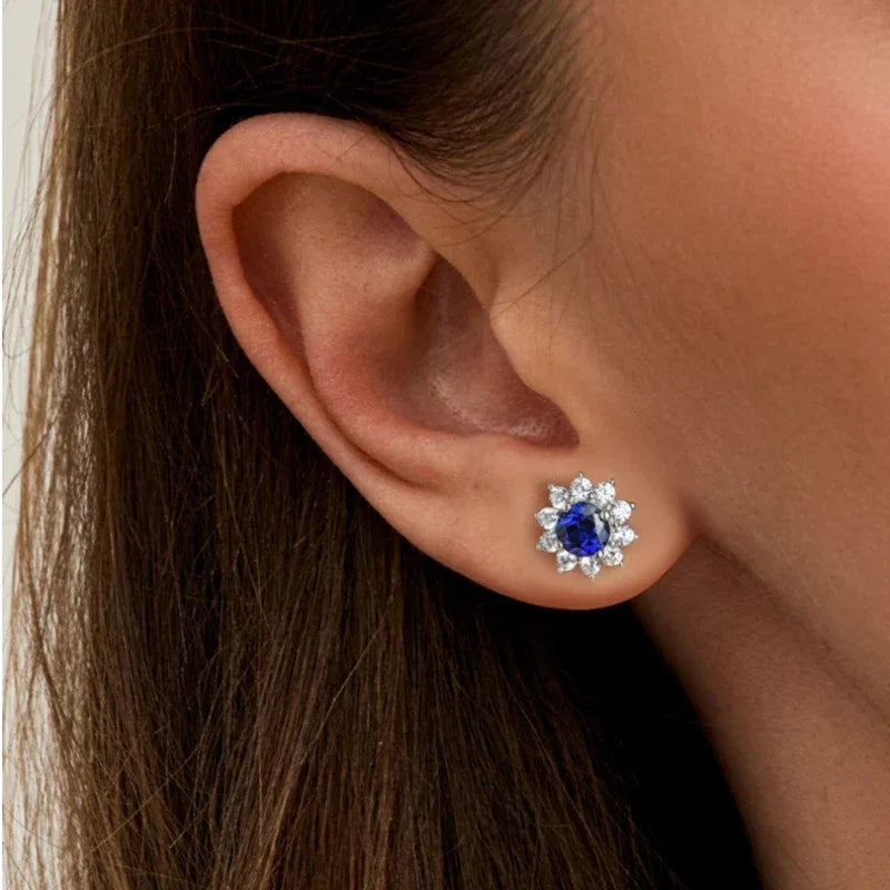 Brilliant Series Sapphire Sunflower Four-Claw Earrings S925 Silver - OOAKB