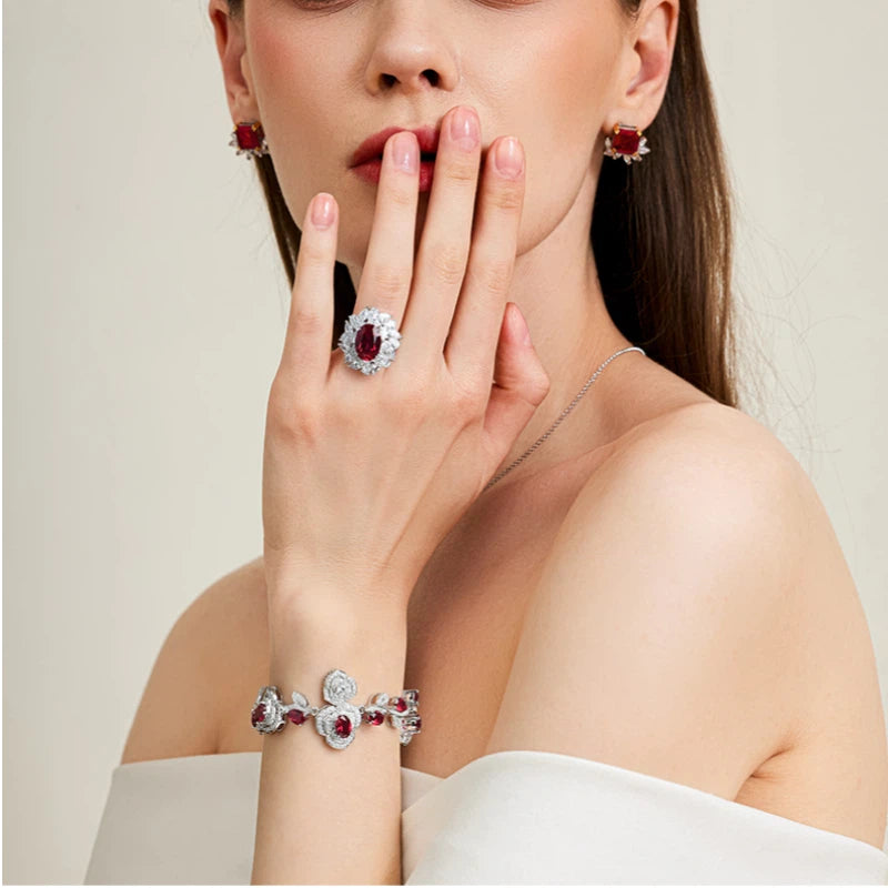 Rose-shaped Ruby Bracelet S925 Silver Women's Style