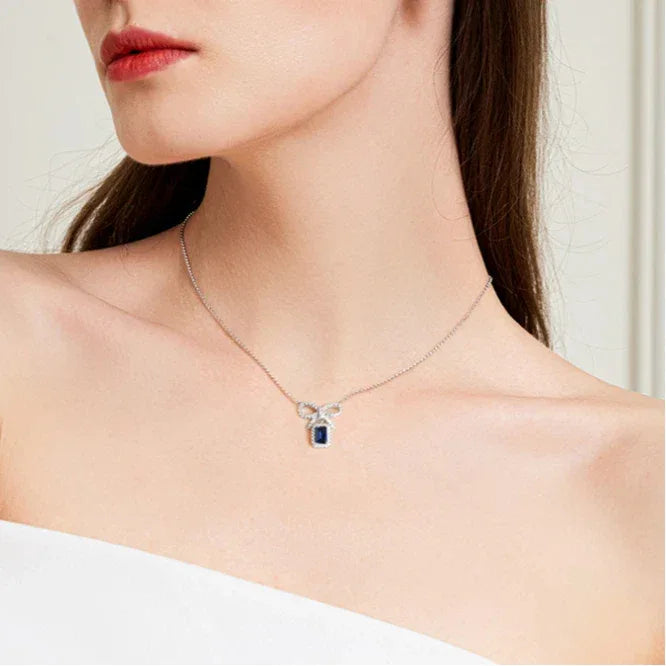 Sapphire Small Square Sugar Bowknot Necklace Women's Style - OOAKB