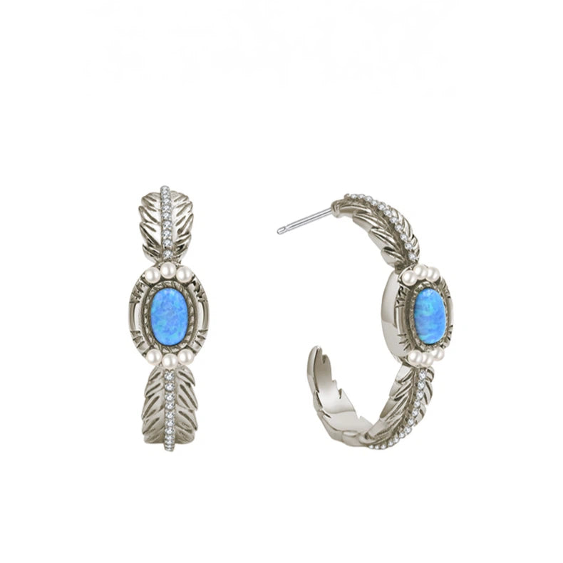 Blue Opal Feather C-Hoop Earrings