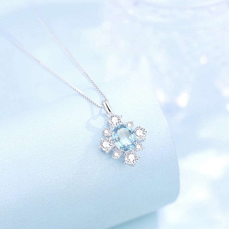 Sea Blue Topaz S925 Silver Snowflake Necklace