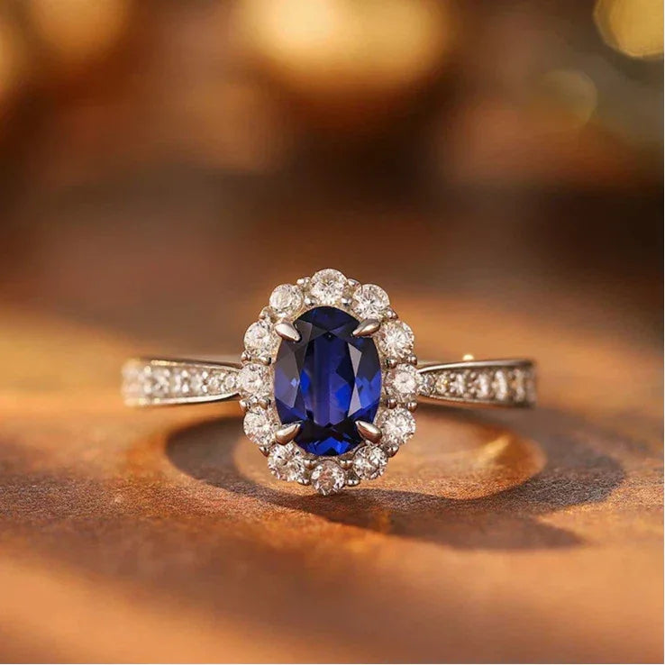 Sapphire S925 Silver Oval Halo Ring - OOAKB