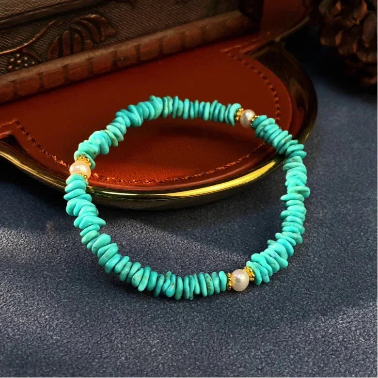 Turquoise Seed Material & Pearl Free-Form Bead S925 Silver Bracelet - OOAKB