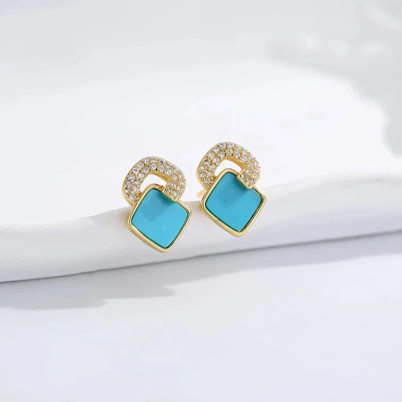Natural Turquoise Square Luxury Earrings - OOAKB