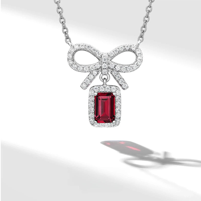 Ruby Small Square Sugar Bowknot Necklace Women's Style S925 Silver