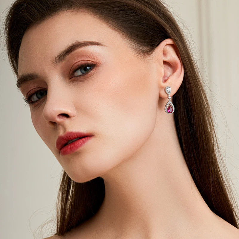 Pigeon Blood Ruby Teardrop Earrings S925 Silver Women's Style