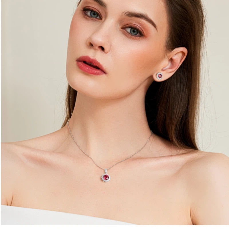 Brilliant Series Four-Claw Ruby Sunflower Necklace S925 Silver Women's Style